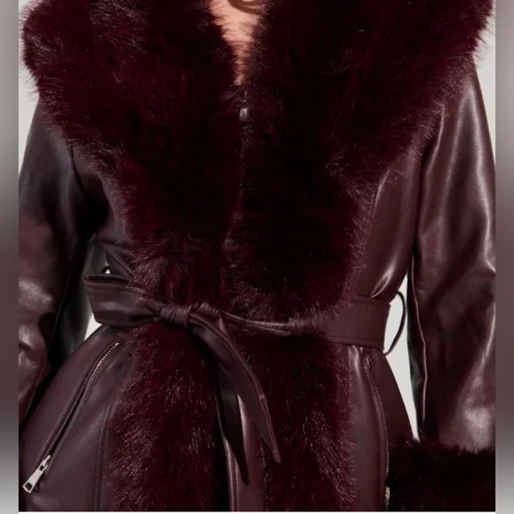 AKIRA Burgundy Leather Jacket with Fur Trim - Picture 5 of 10